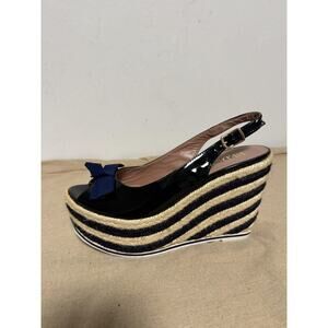 RED Valentino Espadrille Wedge Shoes Womens Size 7/37 Black Slingback Peep Toe